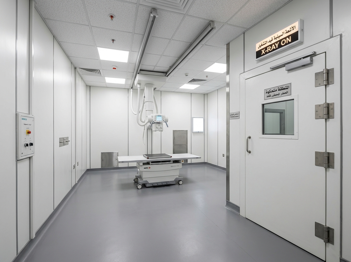 Completed x-ray room with radiation shielding and specialist door