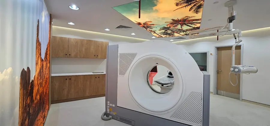 CT room with the gantry and patient table beside a desert-scene wall and a palm-tree ceiling panel